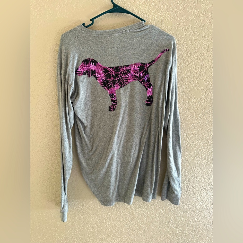 PINK Victoria Secret Gray Long Sleeve Shirt with sequin Pink Dog Design